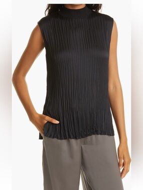 Vince Plissé Mock Neck Shell Sleeveless Top Blouse Shirt Black XL NWT